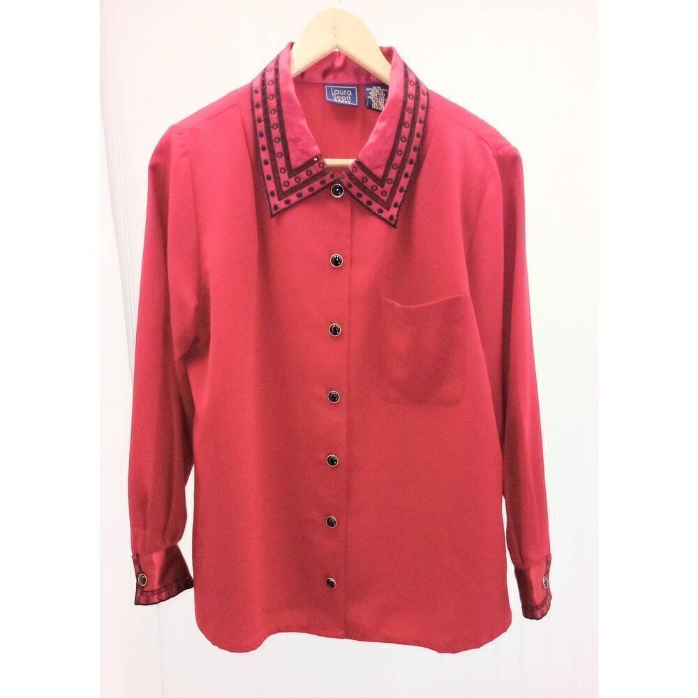 Vintage '80s-90s, Laura Scott long sleeve blouse, red black, shoulder pads, size